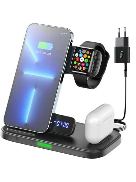 Stazione di ricarica wireless INIU 3 in 1 con supporto telefono e adattatore Qi da 15W per dispositivi Apple.