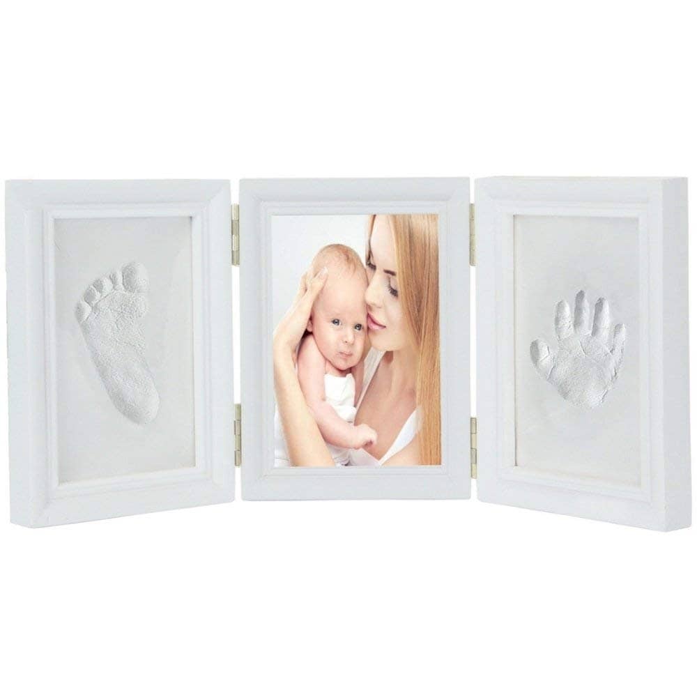 JZK Bianco kit cornice neonato, impronta piedi mani dei bambini, in legno, porta foto bebe, regalo originale