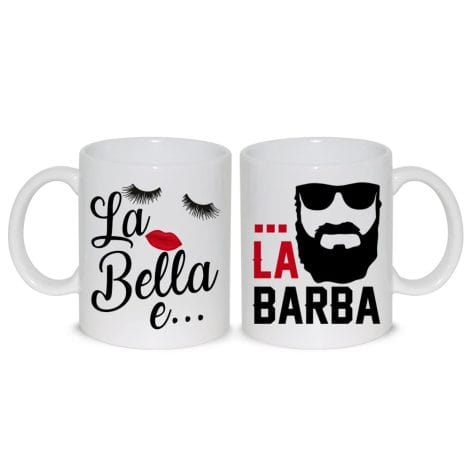 Tazze mug per coppie “La Bella e La Barba” – cuore di amore, ideali per tè o latte. Perfette come regalo per anniversari e San Valentino.