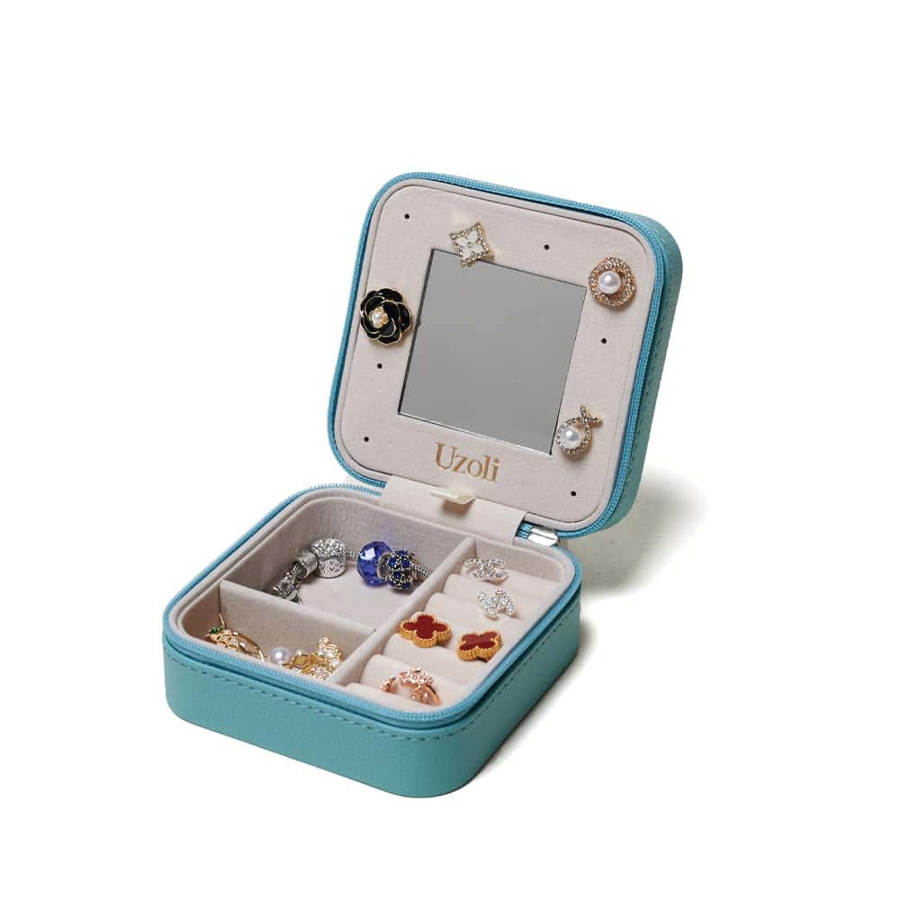 Uzoli scatola portagioie da viaggio mini porta gioielli donna portagioielli piccoli con specchio per orecchini anelli gioielli idee regalo per ragazza blu(DE)