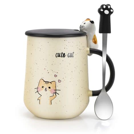 Tazza di caffè in ceramica con gatto, copertura e cucchiaio riutilizzabili. Perfetta per viaggi, ufficio e regalo per la Festa della Mamma.
