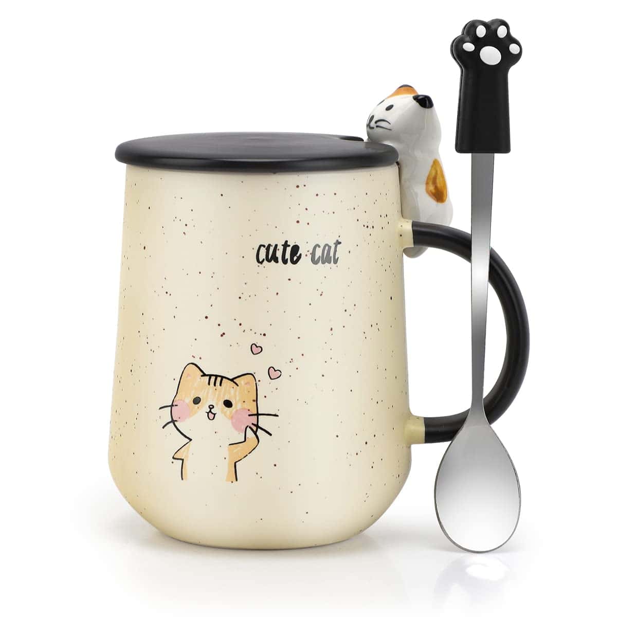 Punvot Bella Tazza di Caffè in Ceramica del Gatto, Coperchio Cucchiaio Riutilizzabili per Latte Viaggi Ufficio Ragazza Regalo per la Festa Della Mamma