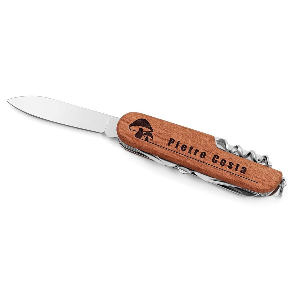 Maverton Coltello Multifunzione Tascabile - Coltellino Svizzero - 12 in 1 - Acciaio inossidabile + Legno - Personalizzabile - Regalo di compleanno per uomo - iniziali