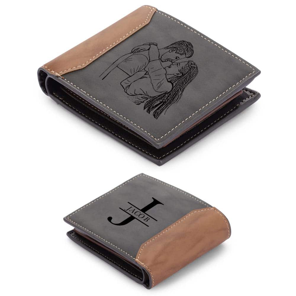 kaululu Personalizzato Uomo Portafoglio con Nome Foto Lettere Maiuscole Inciso in Pelle Grigio Regalo per Padre e figlio, fratello, migliore amico, zio