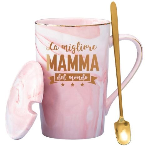 Tazza Regalo per Mamma ‘La migliore Mamma del mondo’, 350ml, Rosa, con Coperchio e Cucchiaio, Confezione Regalo.