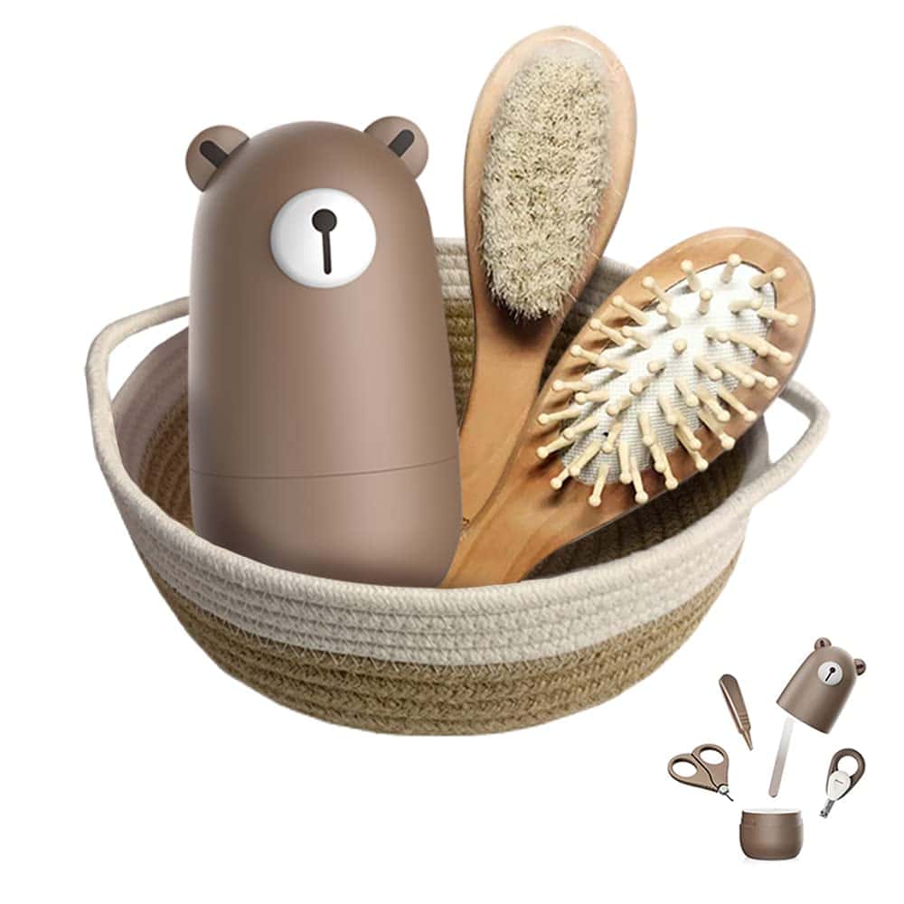Baby 7 in 1 set di toelettatura, forbici per unghie, lima per unghie, pinzette, pettine per capelli in legno naturale, cesto portaoggetti per bambini e neonati in bella confezione regalo