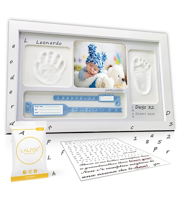 LALFOF Cornice Impronta Mani e Piedi Neonati 7in1 Con Nome e Porta Oggetti. Cornice Impronte Neonato Personalizzabile (lista Nascita Bebè).Kit Impronte Mani e Piedi Neonato Dermatologicamente Testato