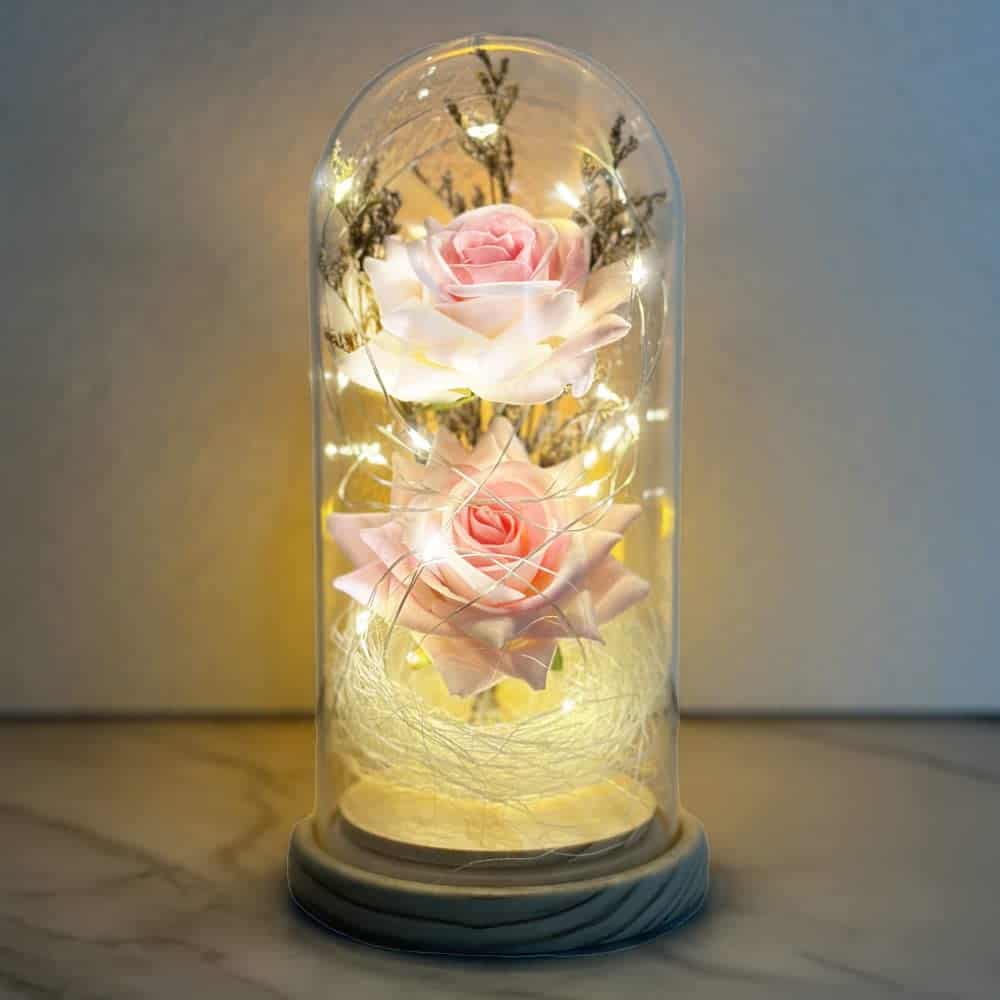 La Bella e La Bestia Rose Incantate, Rosa Eterna, Elegante Cupola di Vetro con Base Pino Luci LED, Romantico Kit di Rose per Il San Valentino Anniversario Matrimonio Regalo di Festa della Mamma
