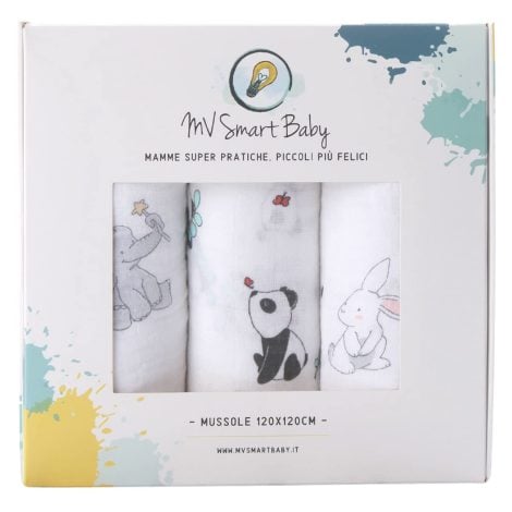 MV SMART BABY Set di 3 Morbidissime Mussoline in Cotone Biologico per Neonati, Dimensione 120×120, Alta Qualità, Include Bavaglino in Omaggio.