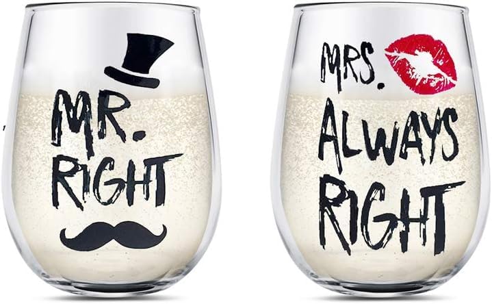 Yalucky Mr Right e Mrs Always Right bicchieri da vino per coppie, regalo di coppia, regali di nozze per la sposa e lo sposo, regalo di fidanzamento, set di bicchieri da vino senza stelo