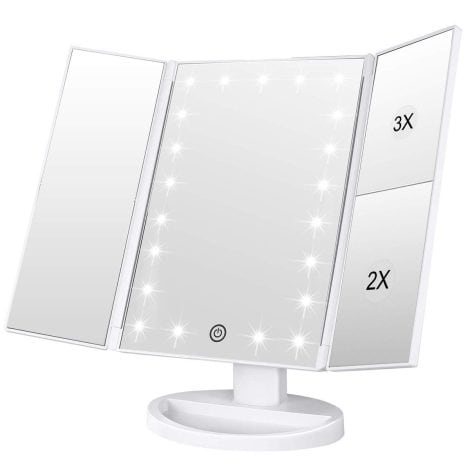 Specchio trucco WEILY a 21 luci, con 3 ingrandimenti e specchietti ripiegabili a 180°. Perfetto regalo per donne. (Bianco)