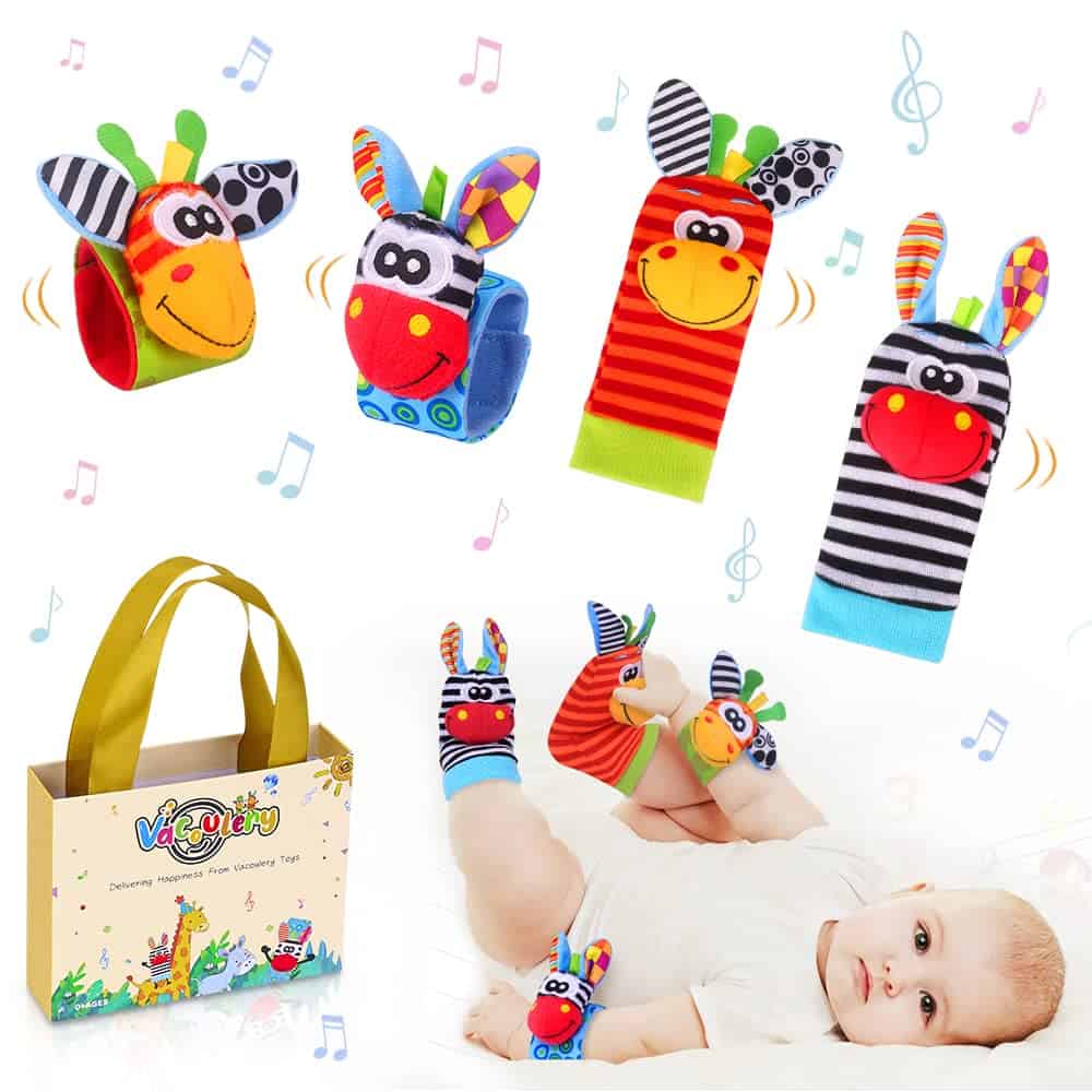 Vacoulery Neonato Sonagli Calzini Polso con Simpatica Confezione Regalo, 4Pcs Baby Rattle Toy Developmental Animaletti Sensoriali Giochi Regali per Maschio Neonati Femmina