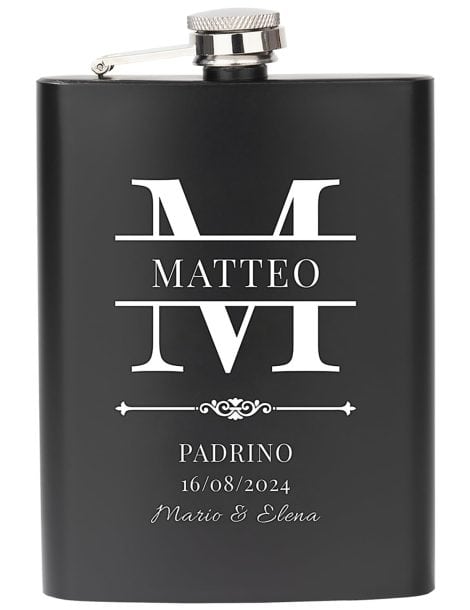 Fiaschetta in acciaio inox 237 ml con incisione personalizzata, regalo testimone. Disponibile in nero.