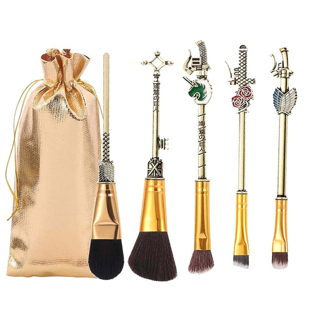 Set di pennelli da trucco con manico in metallo, collezione Attack on Titan Anime per fondotinta, blush, ombretto, viso, eyeliner, contouring, cipria, liquidi, eye, regalo per ragazze e donne, 5 pezzi