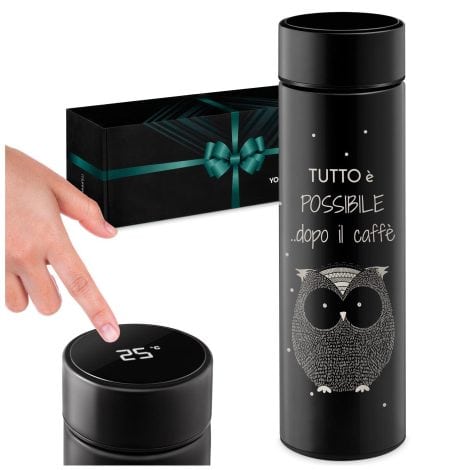 Maverton Termos per Bevande Calde – 400 ml – incisione personalizzata – acciaio inossidabile – anti-perdite – indicatore temperatura – regalo Donna – gufo