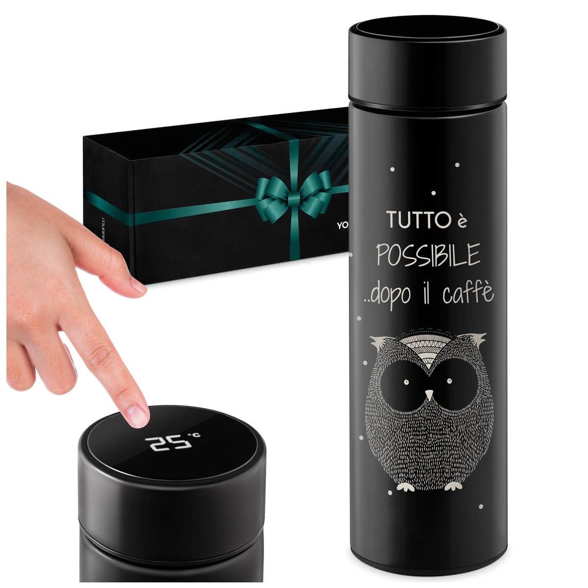 Maverton Thermos per Tè e Caffè - 400 ml - incisione personalizzata - acciaio inossidabile - 100% a prova di perdite - indicatore di temperatura - regalo Donna - gufo