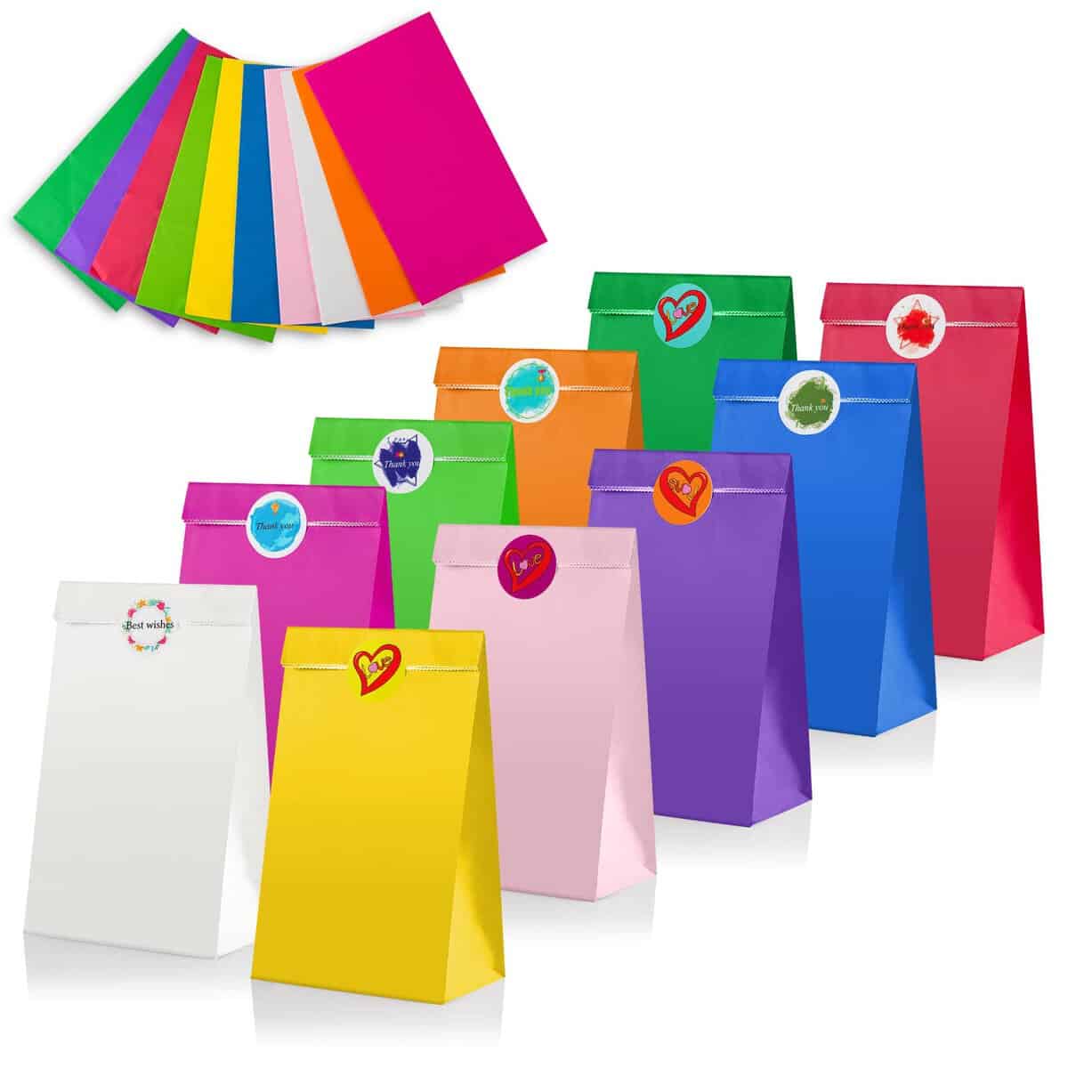 Leenou 40 Pezzi Sacchetti Regalo di Carta, Sacchetti di Carta per Caramelle, Borsa da Festa Colorata con 96 adesivi, Sacchettini Compleanno Bambini per Confezionare Regali, Matrimoni, Festa, Natale
