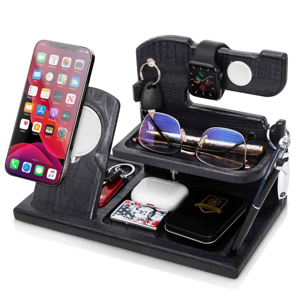 Teslyar Supporto per Smartphone compatibile con caricabatterie magnetico per iPhone, iWatch, in legno Regalo da Uomo Natale Regalo Compleanno regalo per Marito per papà Supporto da comodino (Nero)