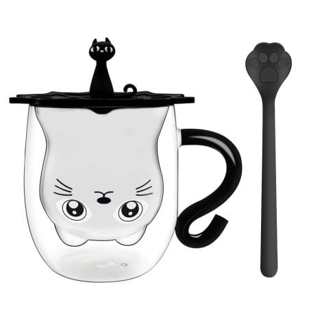Tazza Gatto Nero in Vetro Doppia Parete, perfetta come regalo per amanti dei gatti. Ideale per compleanni e anniversari.