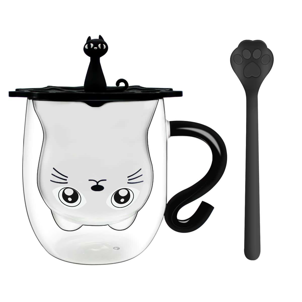 Afitdon Tazza Gatto Nero con Manico Tazza Vetro Doppia Parete Tazza a Forma di Gatto Tazza Vetro Gatto Parete per Regalo Donna Compleanno Amanti Gatti/Ragazza/Donna/Moglie/Signora
