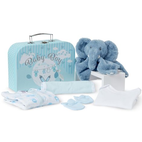 Set regalo per neonato maschio: set completo con peluche, comforter, body, bavaglino, tutina, guanti e accessori essenziali per neonato. Perfetto come regalo di nascita per un bimbo.