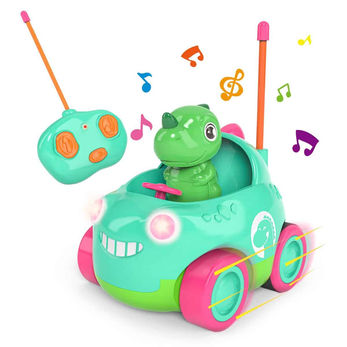 Kizeefun Auto telecomandata, Dinosauro giocattolo dai 2 anni in su, luci e musica, regalo perfetto di compleanno e Natale per neonati, bambini piccoli, ragazze e ragazzi dai 2 3 4 5 anni