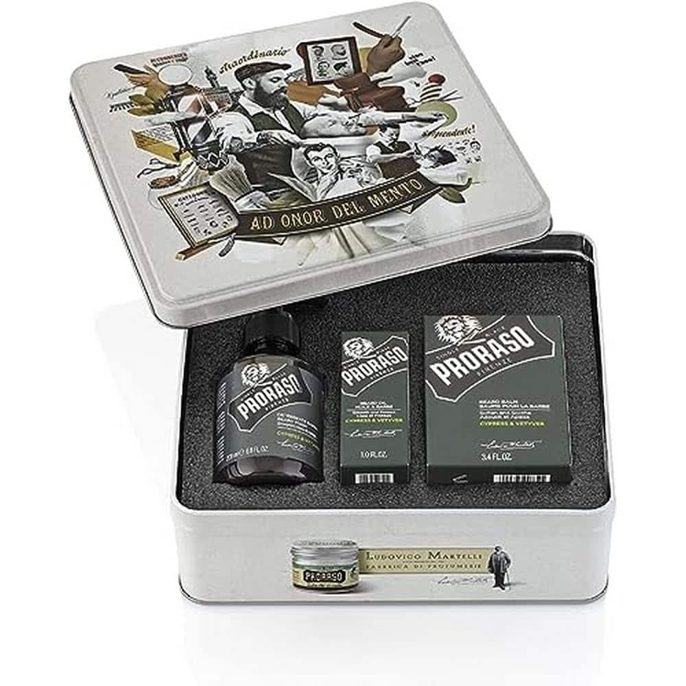 Proraso Set barba uomo Cypress and Vetyver, Set ideale come regalo uomo contenente Shampoo da 200 ml, Olio 30 ml e Balsamo per la barba da 100 ml, Made in Italy