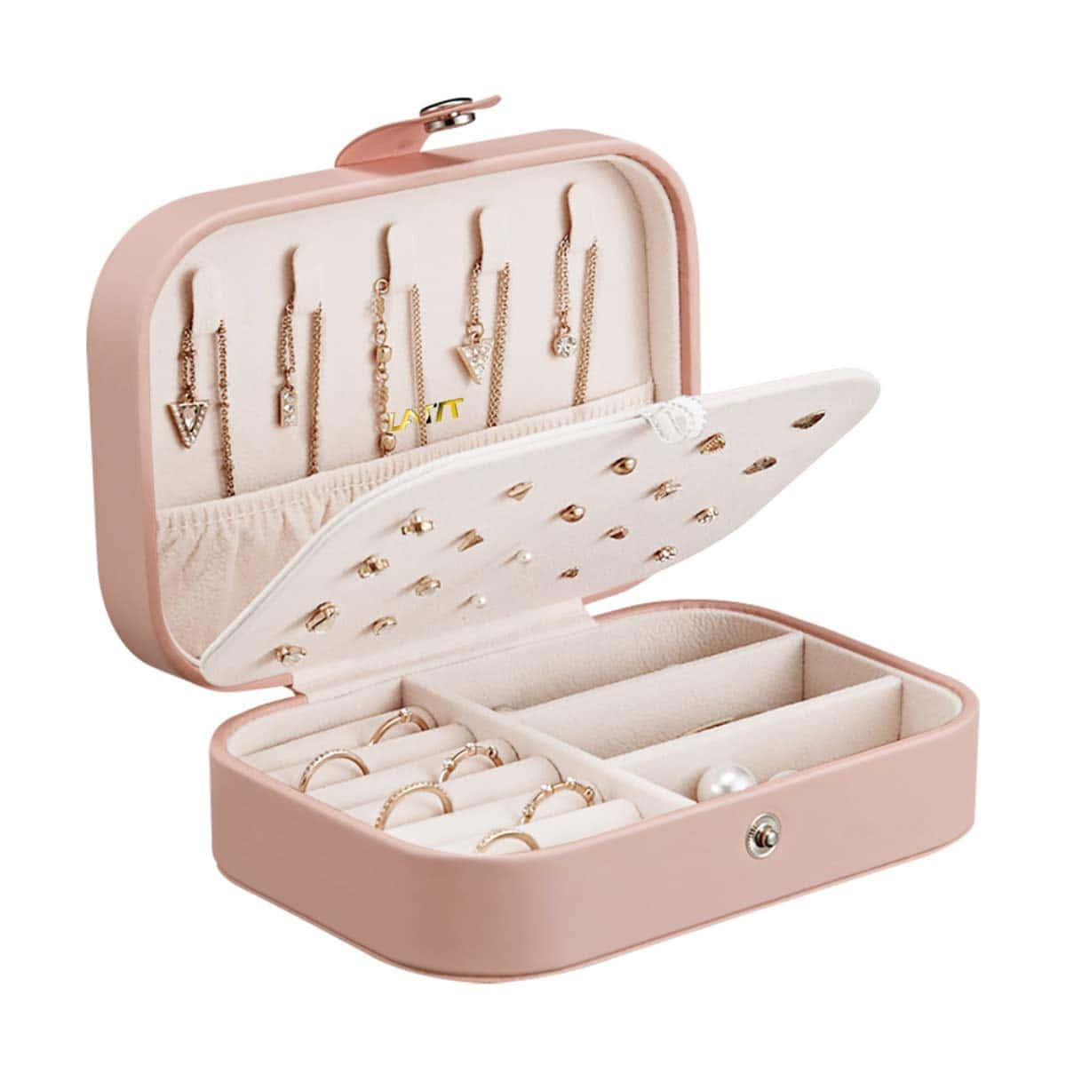 LATIT Portagioie Organizzatore Piccolo Viaggio Custodia per Gioielli in Pelle PU per Anelli Orecchini Collana Bracciali Confezione Regalo Gioielli in Ecopelle Ragazze Donne-Rosa