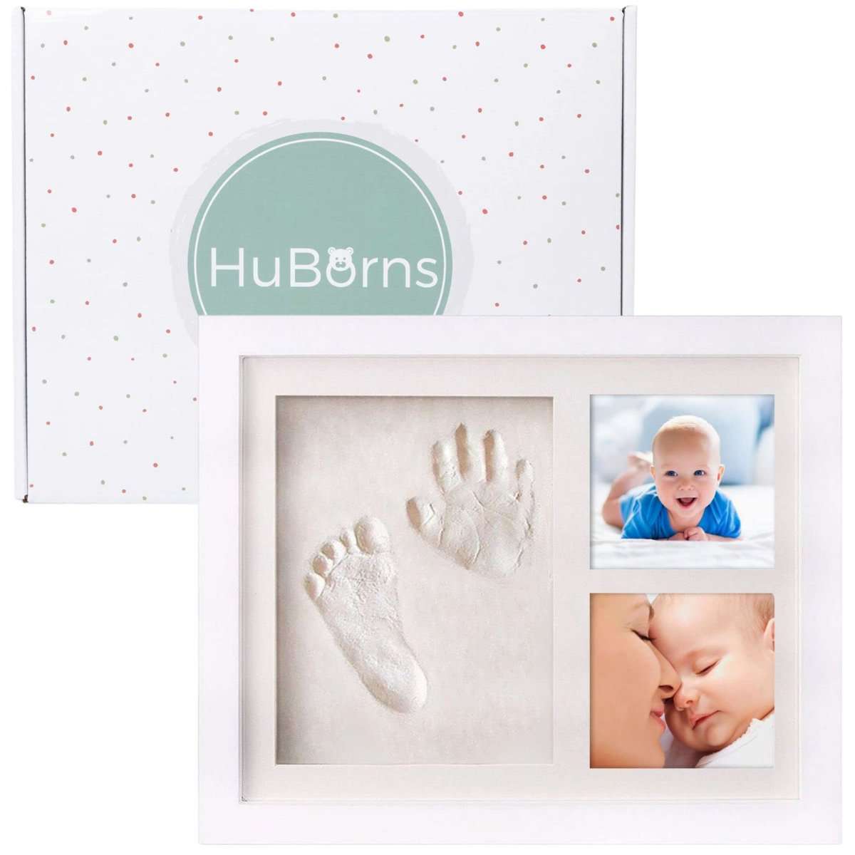 HuBorns - Cornice Impronta Mani e Piedi Neonati - Kit Quadretto Impronte Neonato di Qualità con Calco Senza Crepe - Quadro Ideale per Regalo Originale Neonato