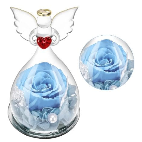 DASIAUTOEM Rose Eterne, Regalo per Lei, con Rosa Eterna in Vetro e Angelo, Decorazione Floreale Fatta a Mano, Perfetto per San Valentino, Matrimonio, Compleanno.