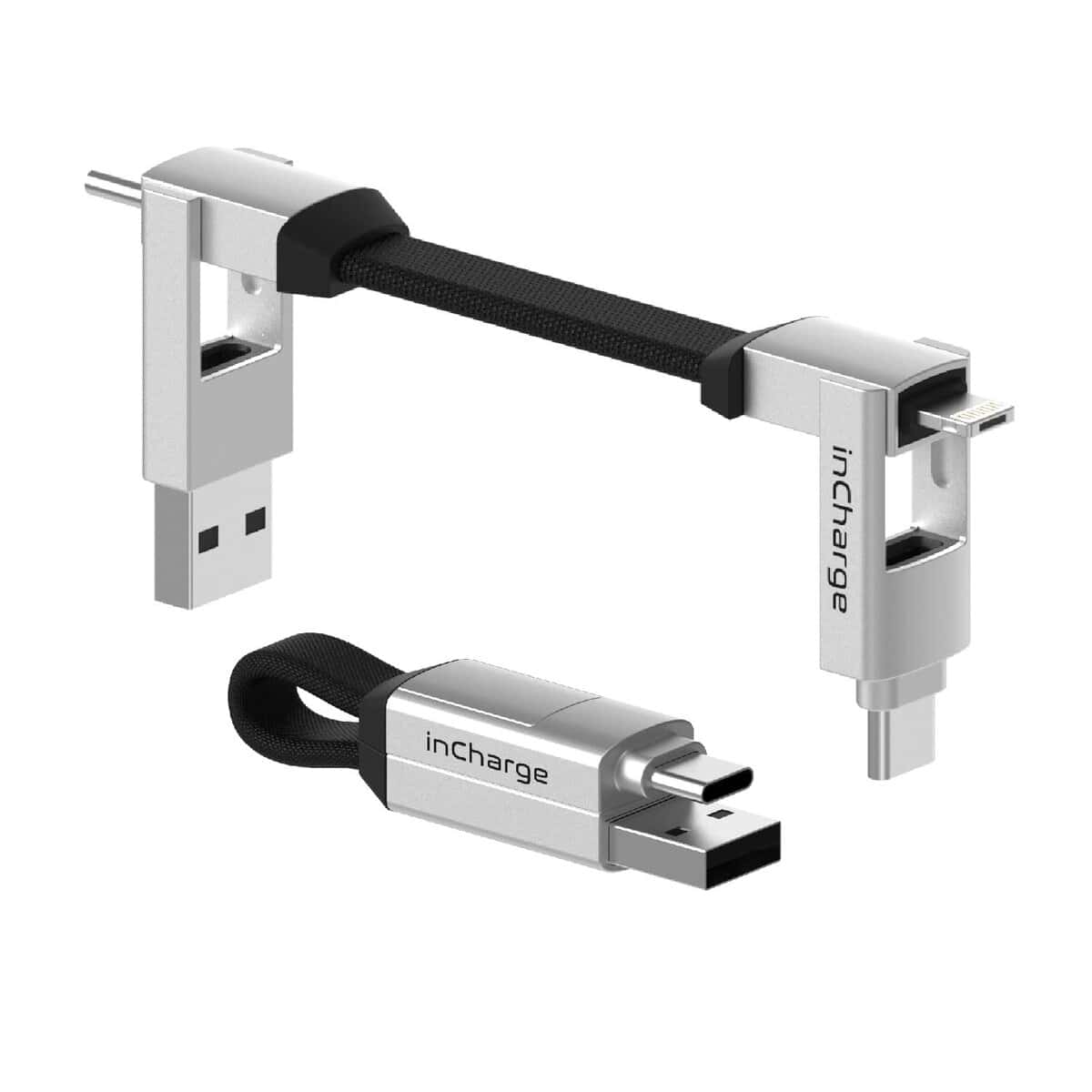 Rolling Square inCharge 6 - Portachiavi con Cavo Usb Type-c, Cavetto Universale Cellulare, Regalo Uomo, Caricatore Universale Cellulare 6 in 1, Gadget Tecnologico, Argento, Cavo Lightning da 15W