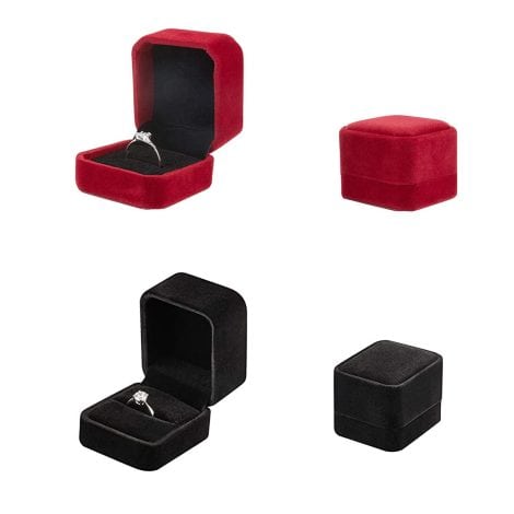 Cofanetto Duo Anelli in Velluto, Scatola Regalo per Proposte, Matrimoni, Anniversari (Rosso, Nero).