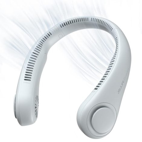 Ventilatore portatile senza pale JISULIFE da collo, ricaricabile con batteria da 4000 mAh, design con cuffie, 3 velocità, grigio. Perfetto per un regalo!