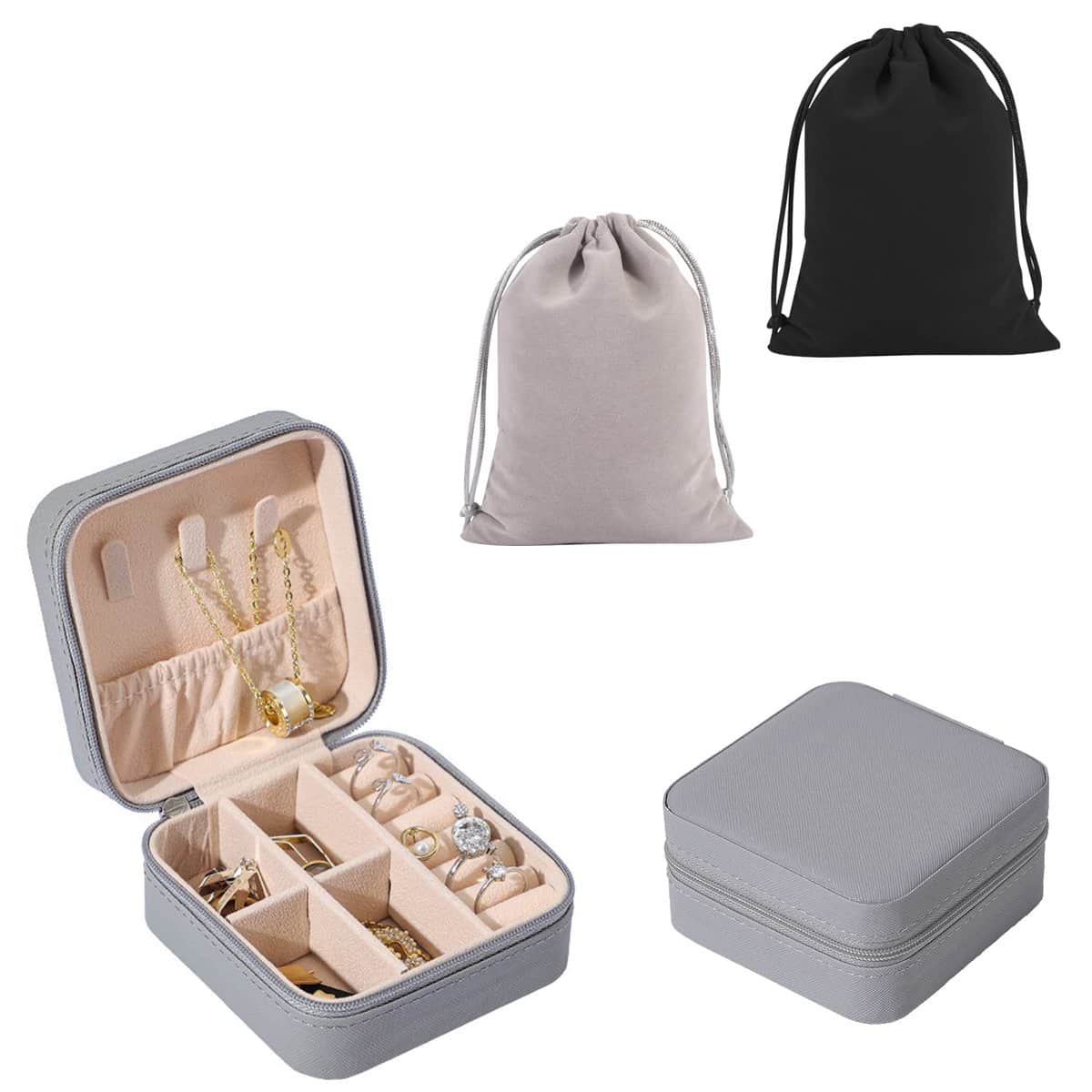 TIANNAIT Organizer per gioielli da 1 pezzo con borse per organizer da 2 pezzi, pelle PU, portagioielli portatile, mini cofanetto regalo per gioielli da viaggio, portagioie piccolo donne, ragazze (grigio)