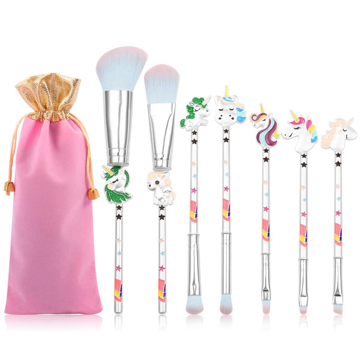 Set di pennelli da trucco a forma di unicorno, ideali come regalo per cipria, ombretto, fard, labbra, set di pennelli da trucco Kawaii, idea regalo per ragazze e donne, 7 pezzi