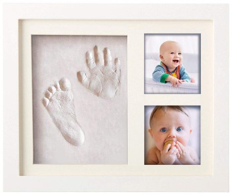 Kit per creare impronte di mani e piedi dei neonati – Cornice foto in legno, vetro acrilico, massa impronta e segnaposto per 2 foto del bambino – Graziosa idea regalo per neonati, mamme e papà.