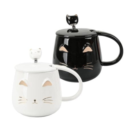 Set di 2 Tazze Gatto in Ceramica con Coperchio e Cucchiaio, Ideale per Regali Romantici e Natalizi. Capacità: 400 ml.
