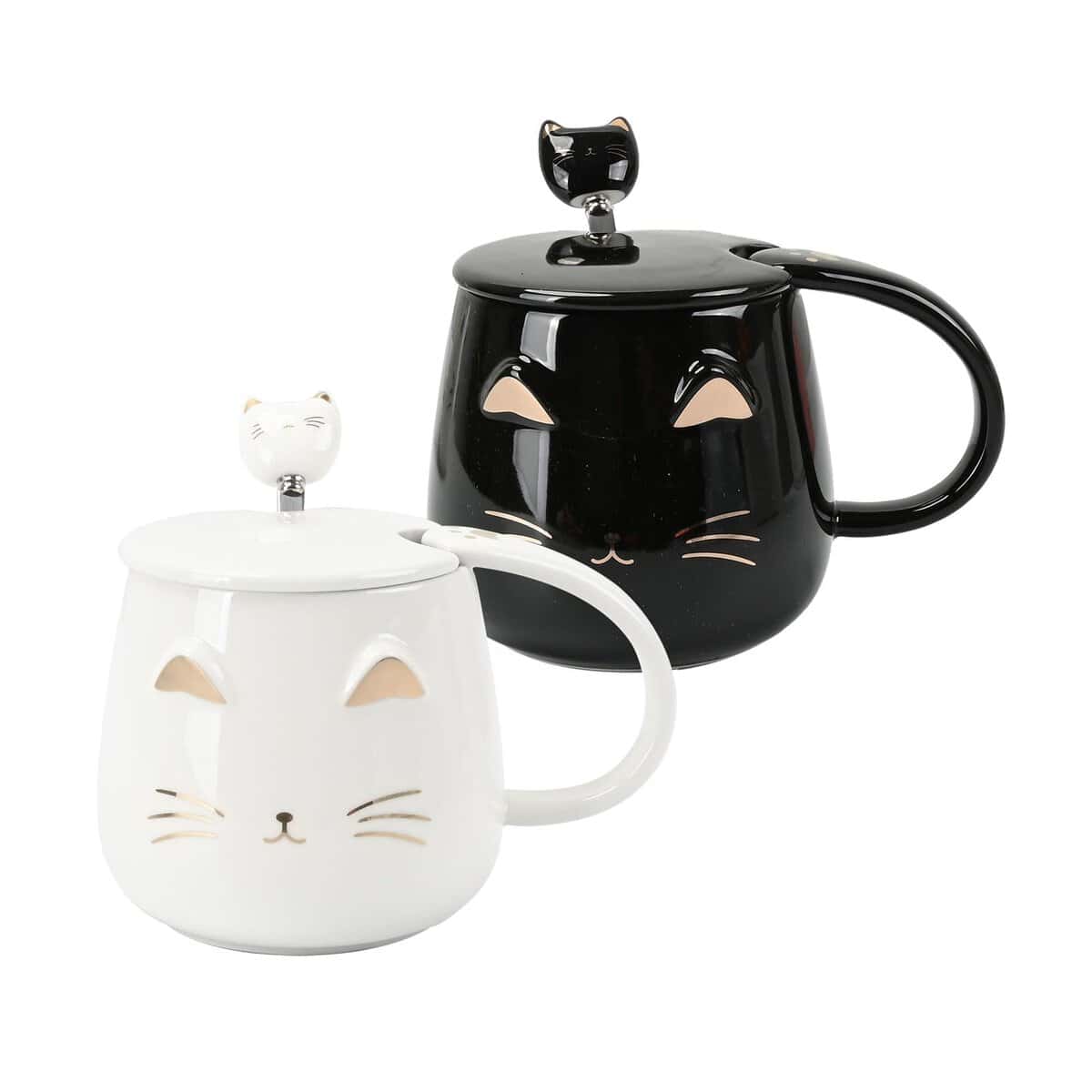 Atoke Set di 2 Tazza Gatto in Ceramica con coperchio e cucchiaio,Tazza da tè gatto per Anniversario di matrimonio San Valentino Regali di Natale,400ml