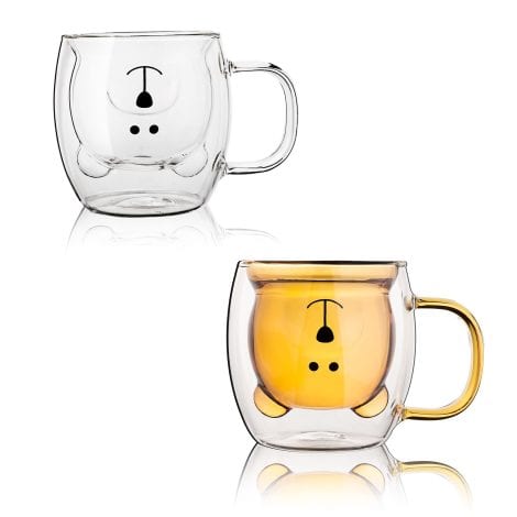 Set di 2 tazze da tè a forma di orso in vetro, isolanti, 250ml, perfette come regalo per lui o per lei. (Bianco E Marrone)