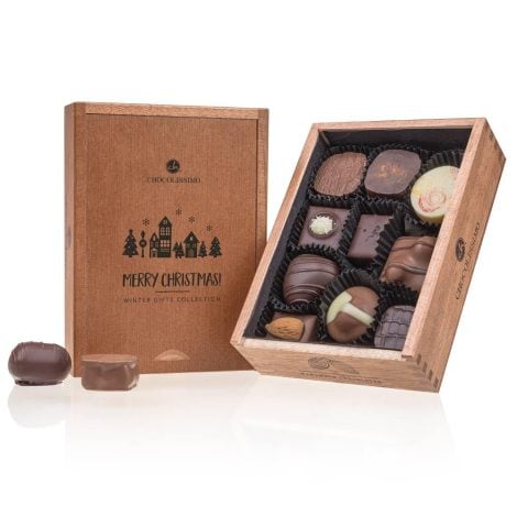 Eleganza Natalizia – 10 dolcetti natalizi senza alcool, in una scatola di legno. Perfetto come regalo aziendale per Natale.
