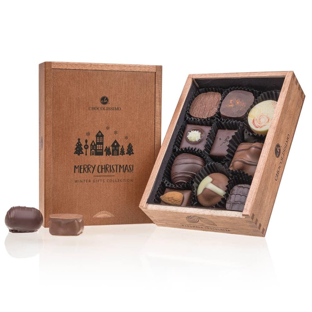 Merry Elegance - 10 cioccolatini natalizi senza alcool in una scatola di legno | Regalo di natale | Idea regalo | Natale | Cioccolato | Bambini | Adulti | Donna | Man | Regalo aziendale