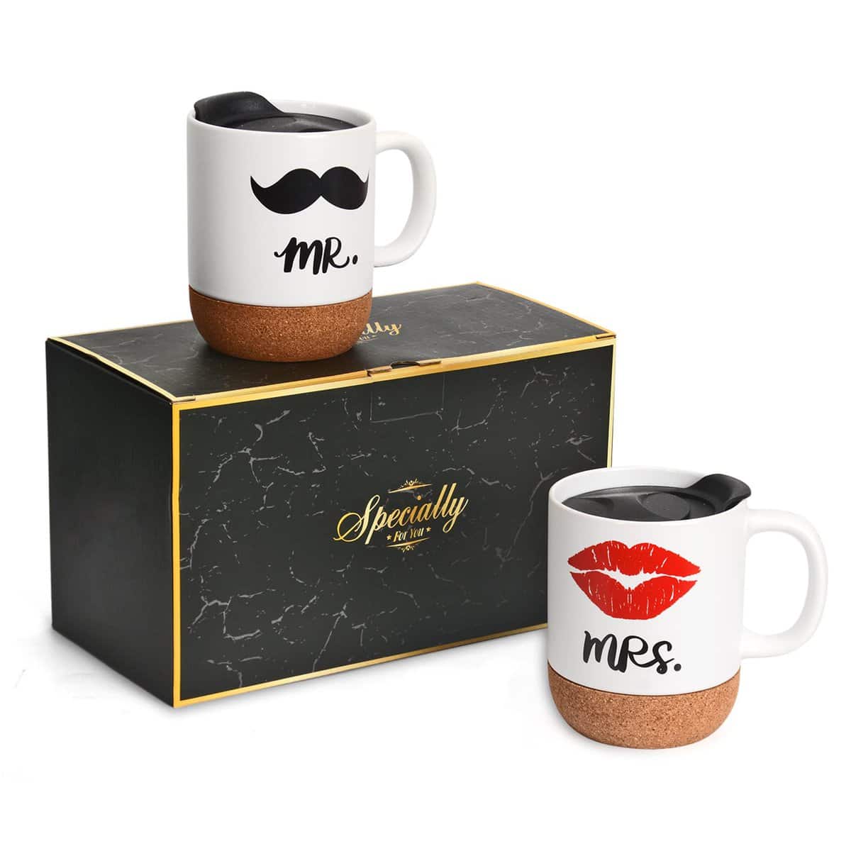 Tougo Mr and Mrs Tazze di Ceramica con Base in Sughero e coperchio, Regalo Coppie Unico per Sposa e Sposo, Regali Di Fidanzamento, Anniversario, Natale, Valentino,380 ML