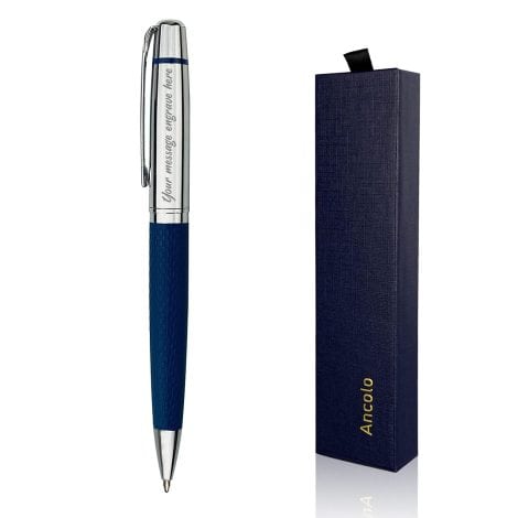Penna personalizzata in argento cromato ANCOLOFIS – pelle PU, messaggio e nome incisi. Set regalo professionale per ufficio.