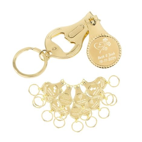 50 pezzi di attrezzi personalizzati 4 in 1 (apribottiglie, tagliaunghie) ideali come bomboniere per birrerie, regali multitool in oro per uomini.