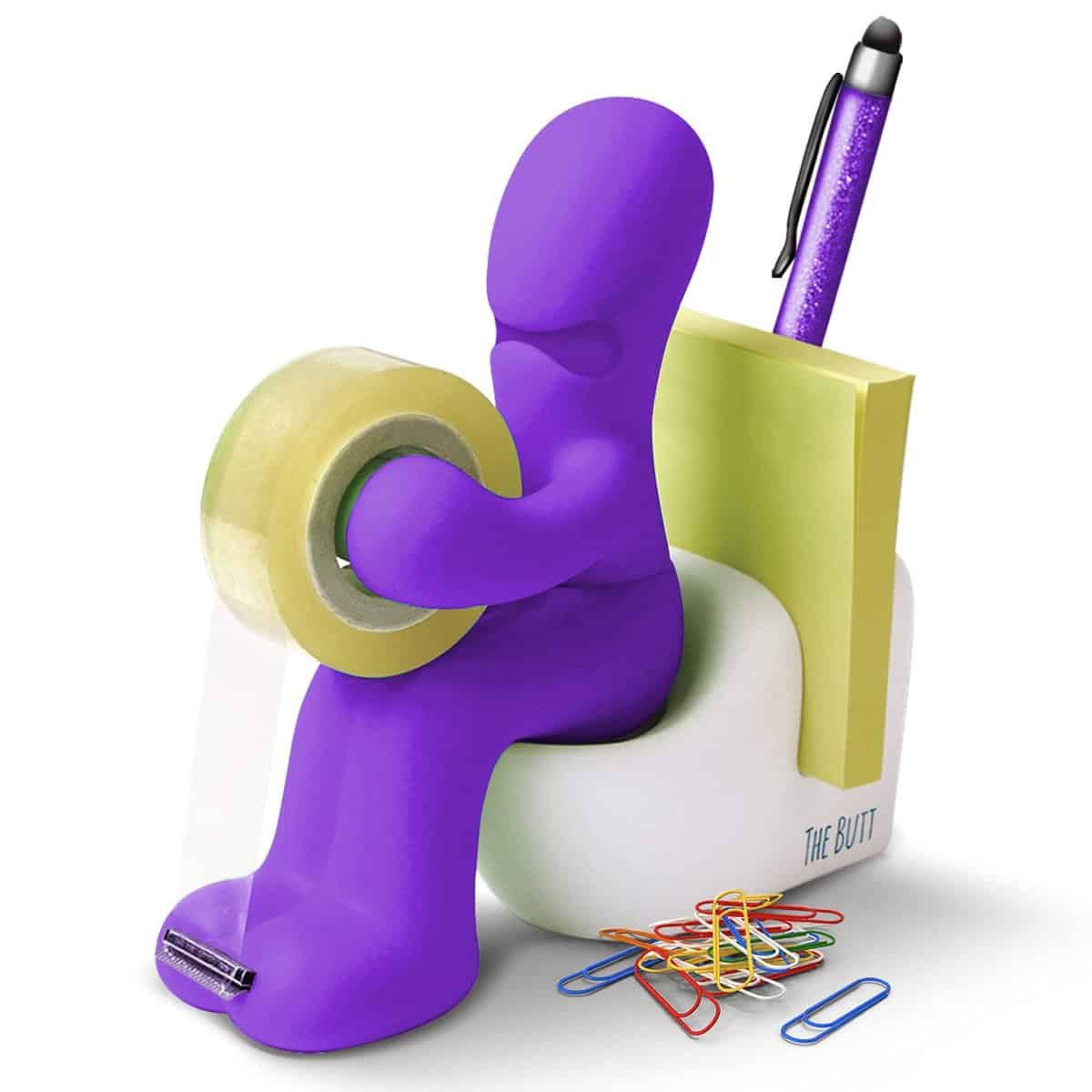 THE BUTT - Porta Nastro Adesivo e Portaoggetti - Accessorio Divertente per Ufficio, Casa o Scuola - Organizer per Scrivania e Porta Bloc-notes, con Graffette e Penna - Perfetto come Regalo (Viola)