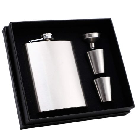 Set regalo per bevande alcoliche da campeggio in acciaio inox, con fiaschetta da 227 ml, tazze e imbuto.