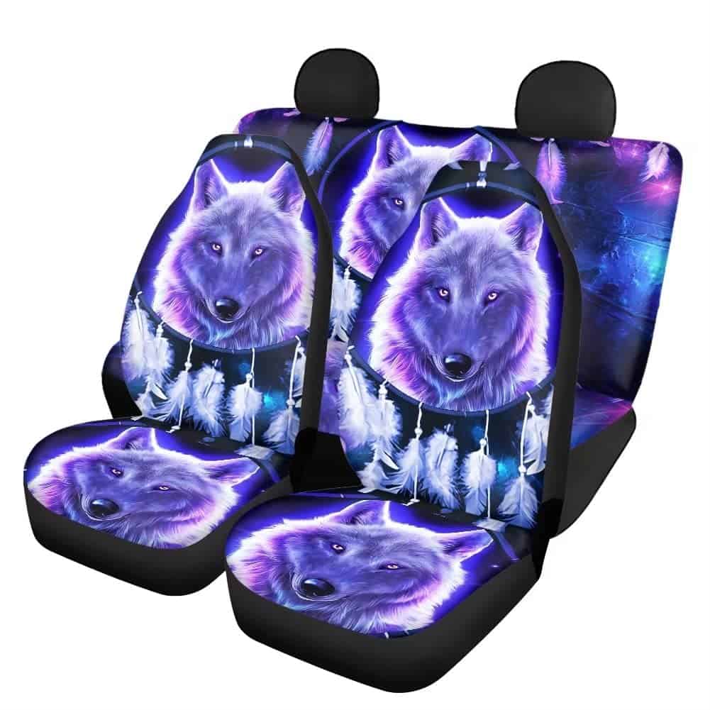 chaqlin - Set completo di 4 coprisedili per auto, 2 anteriori posteriori divisi, accessori protettivi regalo uomini e donne, compatibilità universale, motivo: acchiappasogni/lupo blu