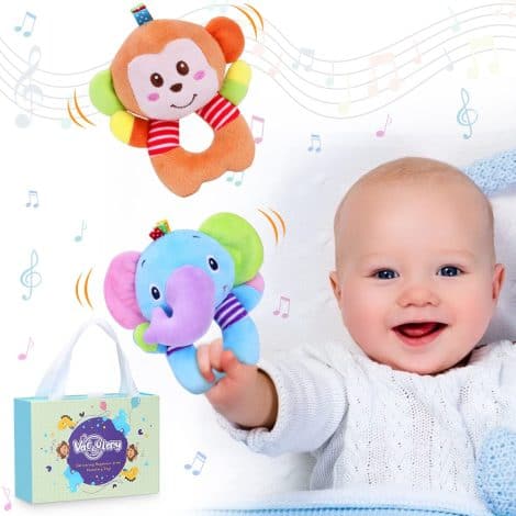 Set di 2 sonagli in peluche per neonati, con forma di elefante e scimmia.