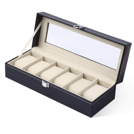 Scatola portaorologi da uomo con 6 scomparti, coperchio in vetro e velluto rimovibile. Regalo perfetto per Natale, San Valentino o compleanno.
