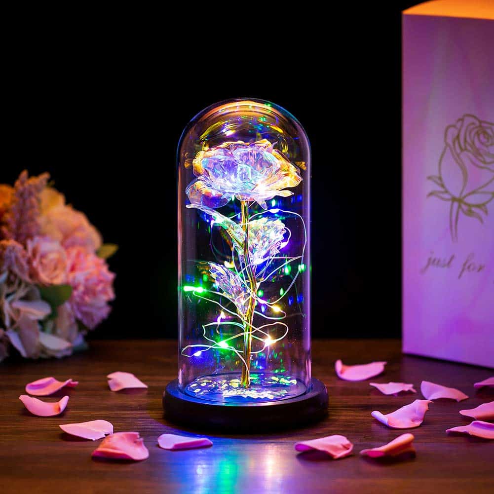 Glasseam La Bella E La Bestia Rose in Cupola di Vetro Luci A LED Crystal Rose Fiori Regalo per Compleanno Anniversario San Valentino Matrimonio Fidanzata Moglie Donne